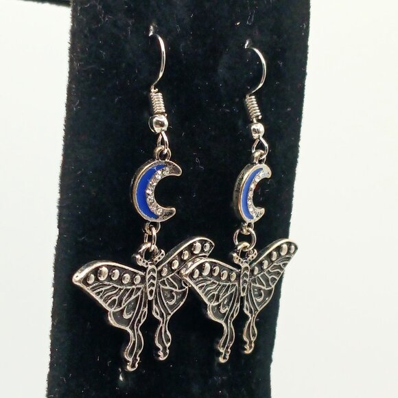 Silver and Blue Hypoallergenic Lunar Moth Dangle Earrings - Spencer's - Picture 2 of 2